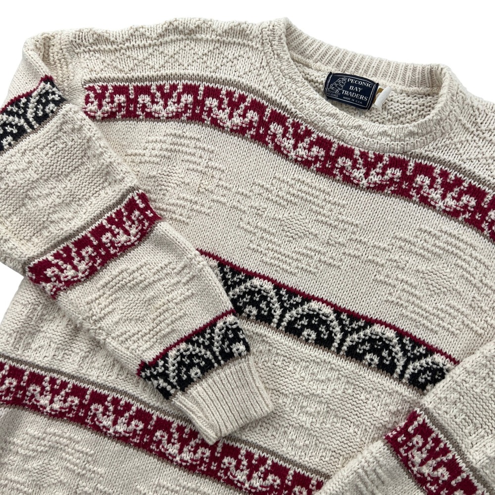 VTG 90s Peconic Bay Traders Sweater Mens L Cream Red Nordic Fair Isle Cotton USA